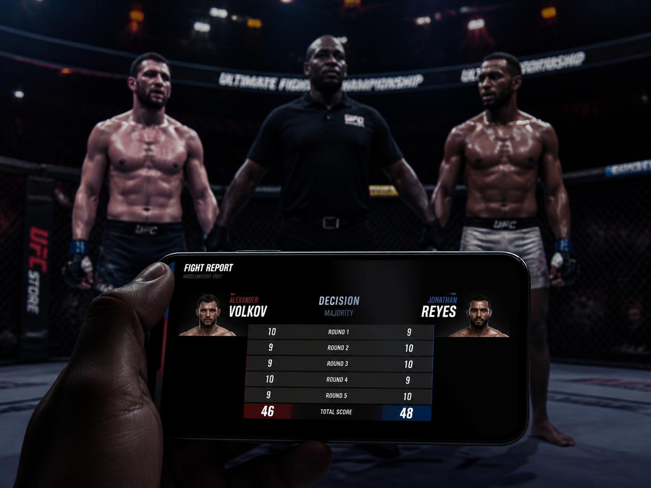 Fighters awaiting the decision while a phone shows the final FightReport scorecard