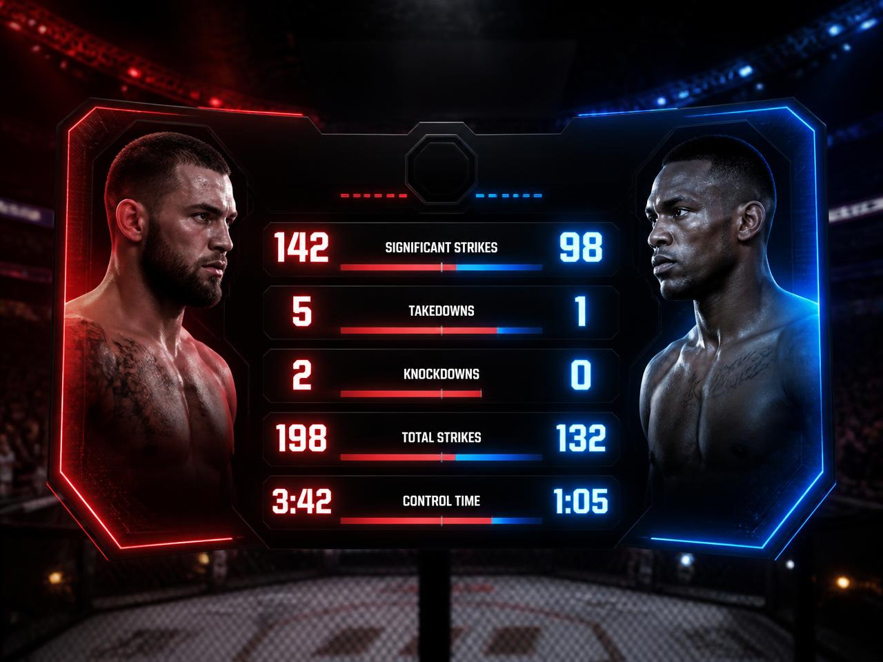 Broadcast-style live fight statistics HUD comparing red corner and blue corner