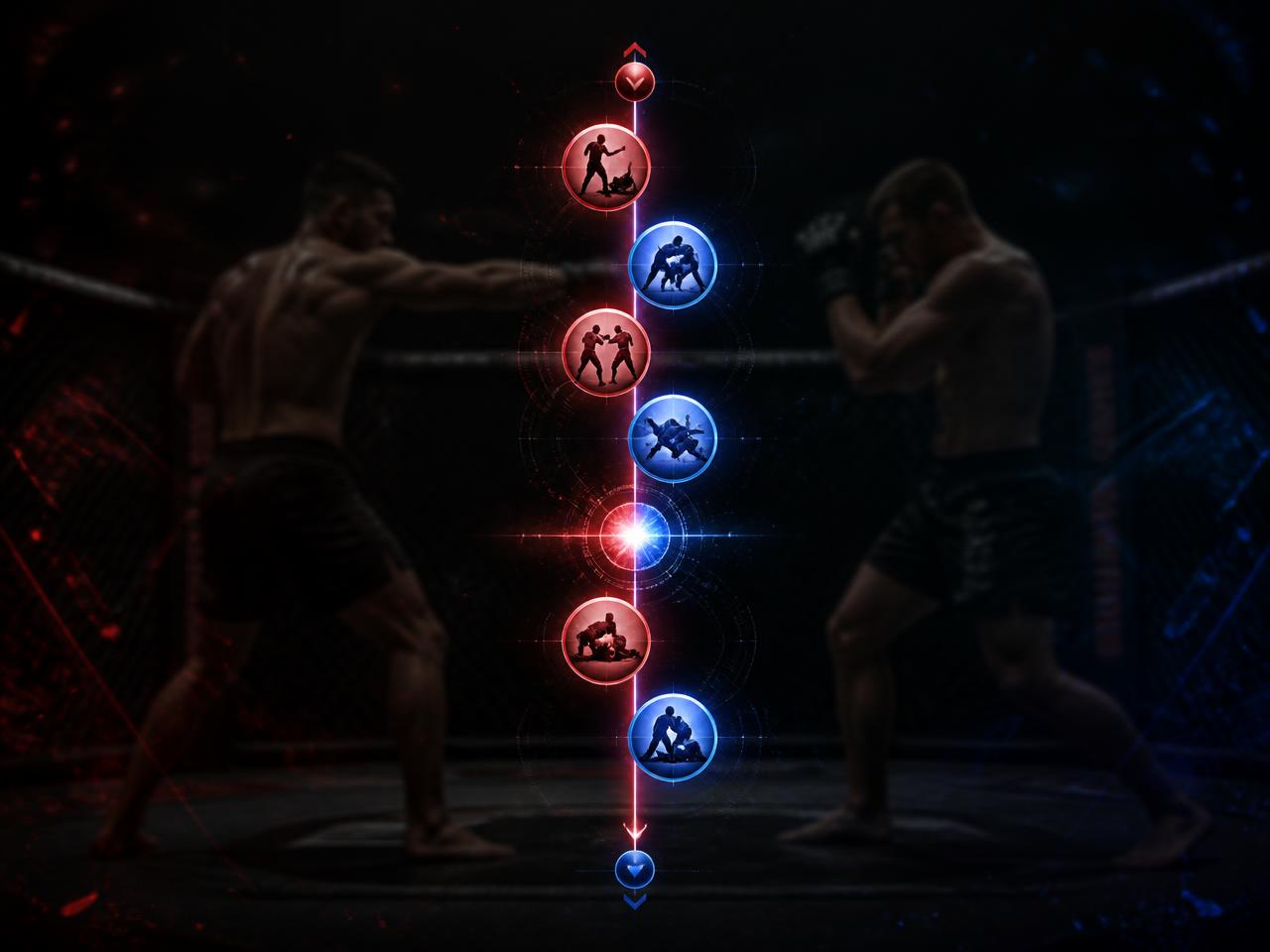 Glowing fight timeline of knockdowns, takedowns and momentum shifts