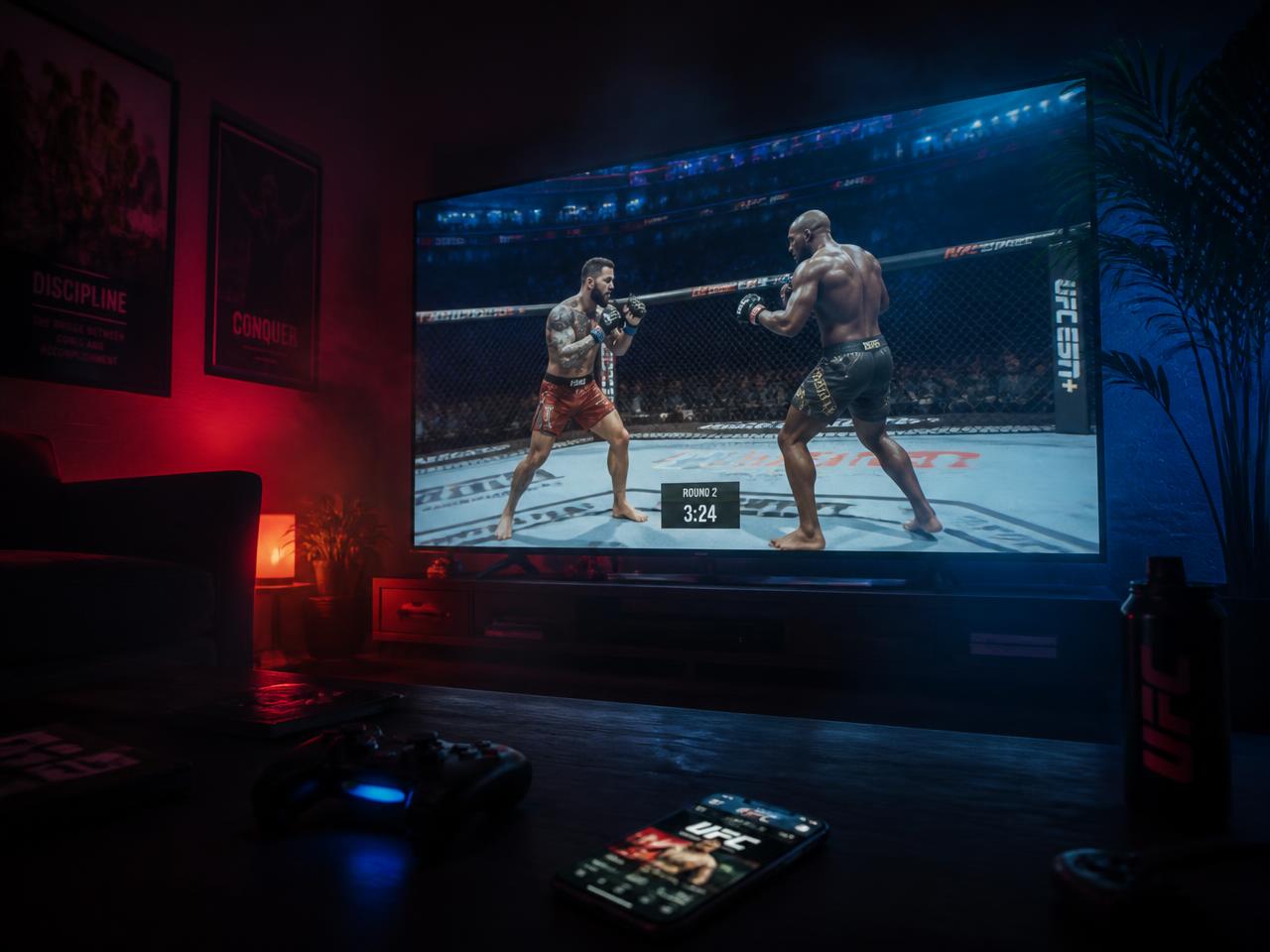 Gamepad and phone in front of a TV showing a live MMA fight